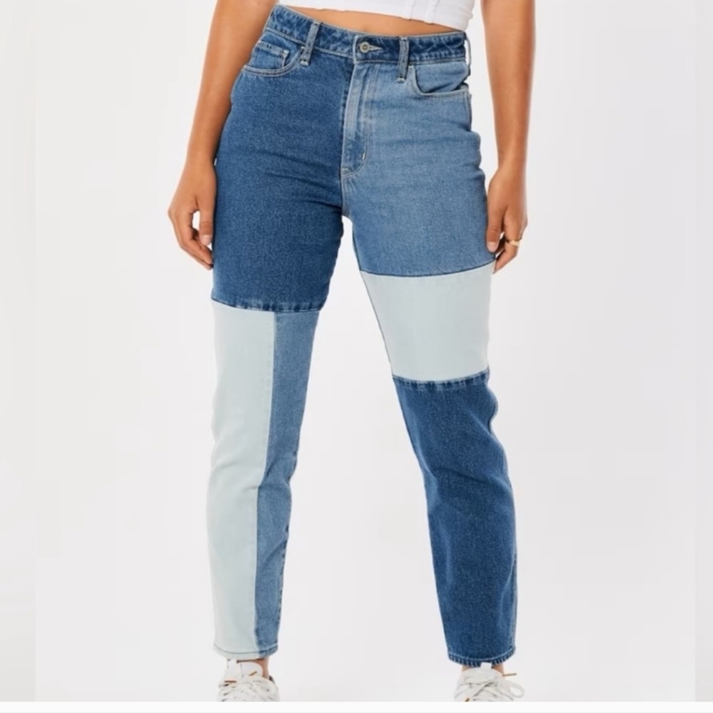 HOLLISTER ~ ULTRA HIGH-RISE PATCHWORK ANKLE MOM JEANS size 00R W23
